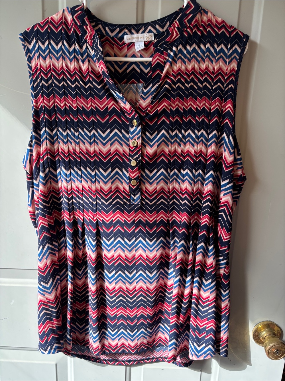 Westport Navy, Pink & White Pleated Chevron Sleeveless Blouse